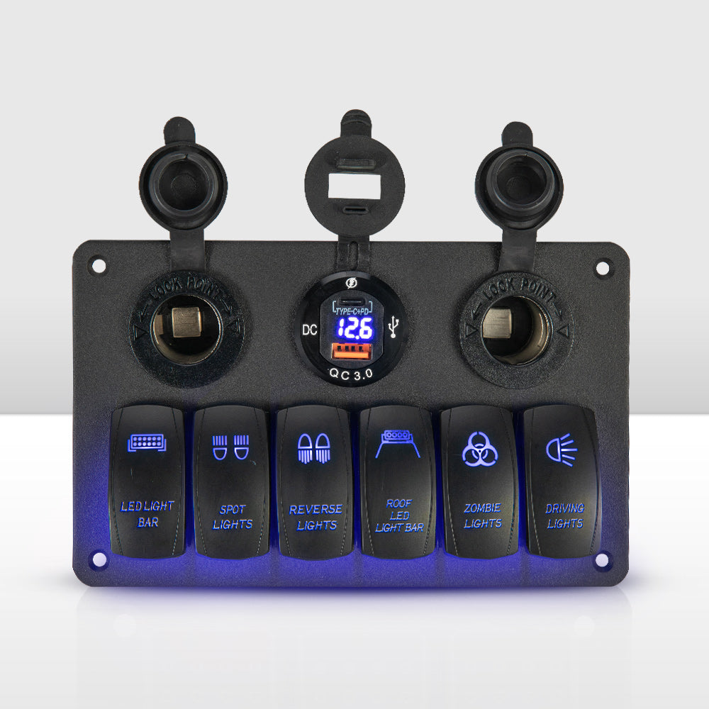 6 Gang Rocker Switch Panel ON-OFF Toggle Voltmeter USB 12V 24V